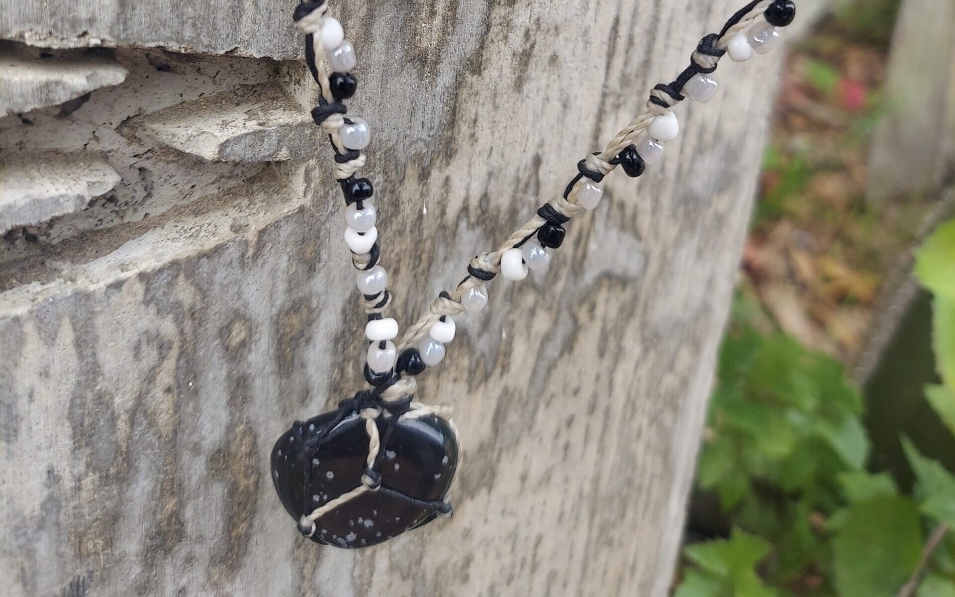 Snowflake Obsidian stone necklace with black and clear beads